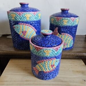 Vintage 90s Clay Art Mosaics 3-piece Ceramic Canister Set